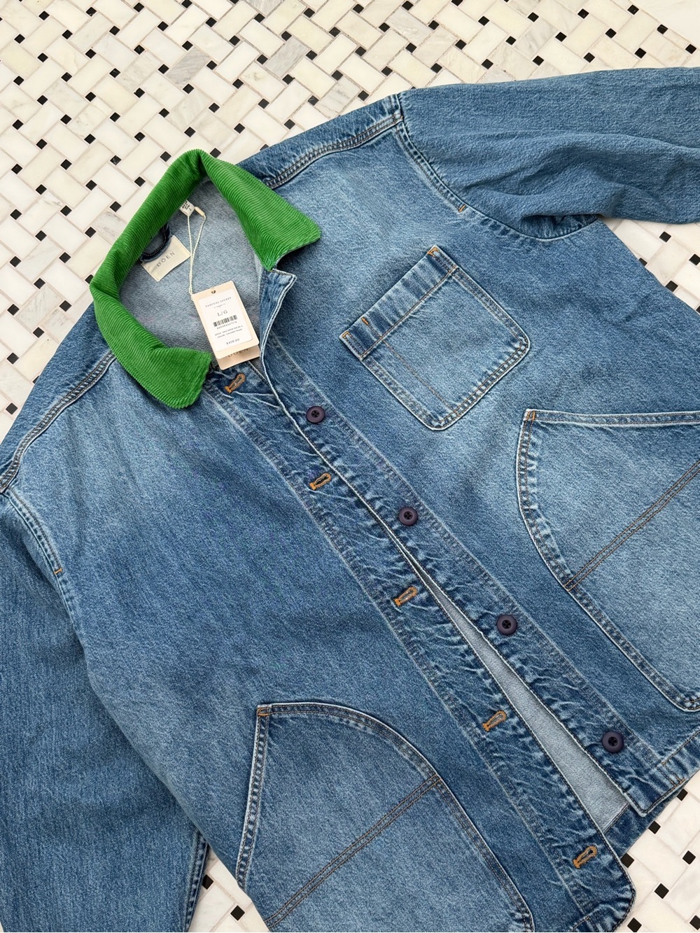DOEN Pascual Blue Denim Jacket with Green Collar - Picture 3 of 4